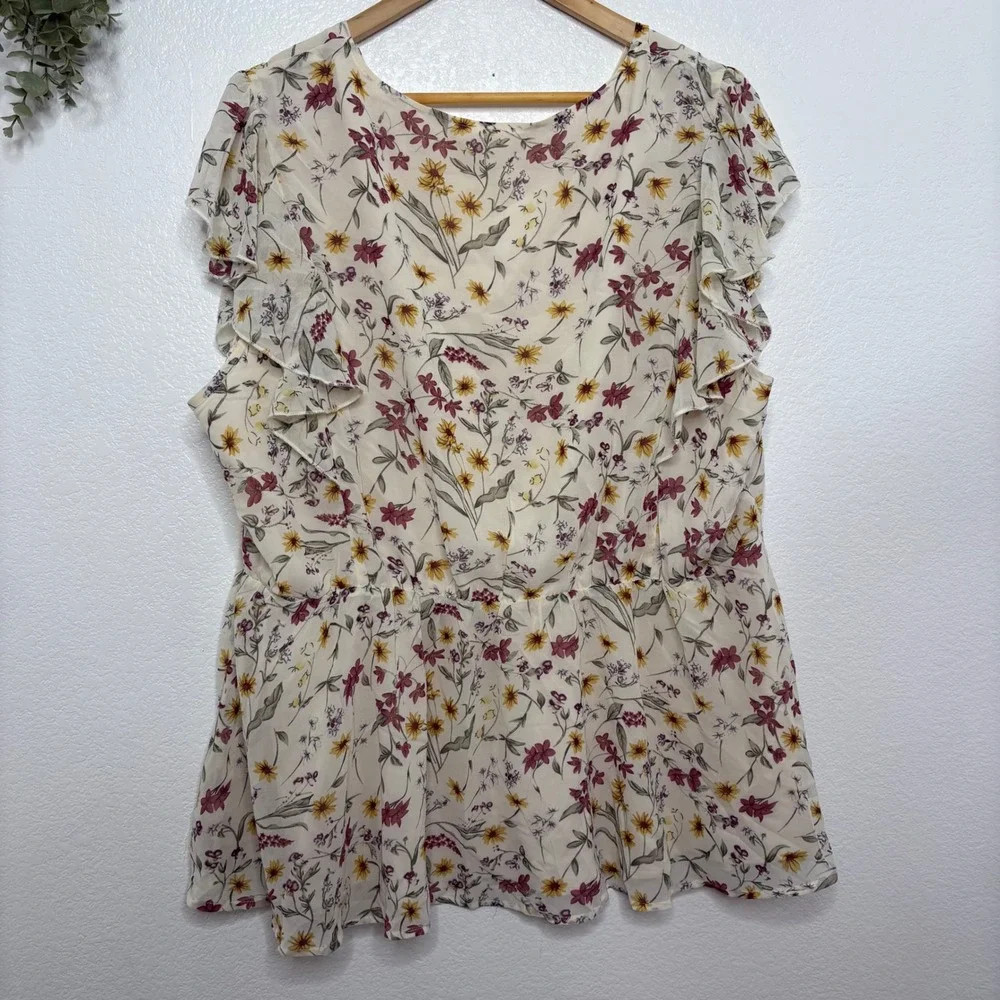 BloomChic Floral Peplum Top Womens 22-24 Cream V-Neck Flutter Sleeve Chiffon - Picture 5 of 7